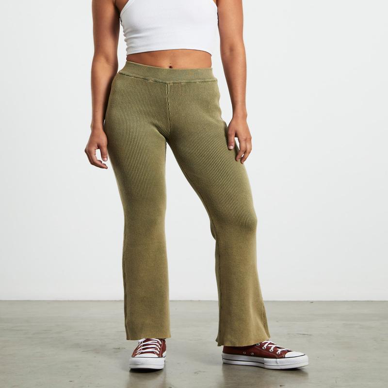 Angelique Acid Wash Rib Soft Flare Pant in Khaki