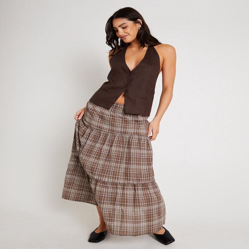 Juno Tierd Check Midi Skirt
